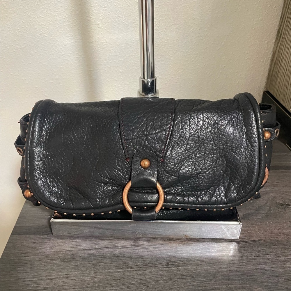 Kate Landry Buttery Soft Black Leather Boho Shoulder Bag Copper Ring Hardwar